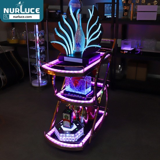 Customized Nightclub Bar LED Promotional Supplies LED Bar Serving Cart Luxury Metal Glass Tea Wine Food Catering Drinks Serving Trolley Cart for Bar Hotel Restaurant Wedding Party
