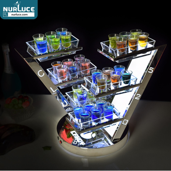 Customized Nightclub Bar LED Promotional Supplies LED Shot Tray Customized Logo Stainless Steel Glasses Holder VIP Service Shot Glass Flight Tray for Night Club Lounge Bar Party