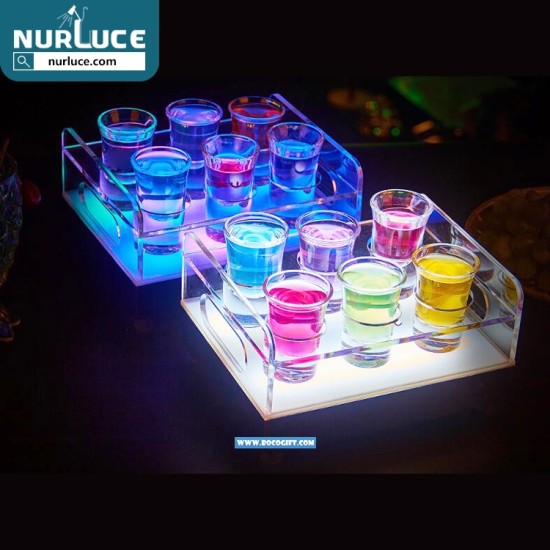 Customized Nightclub Bar LED Promotional Supplies LED Shot Tray LED Luminous Rechargeable Cup Holder Acrylic Lighted 12 Glasses Cocktail Display Stand VIP Nightclub Shot Glass Service Tray