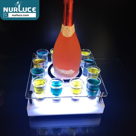 Customized Nightclub Bar LED Promotional Supplies LED Shot Tray Rechargeable Acrylic LED Shot Glasses VIP Service Tray with Illuminated Bottle Holder Display