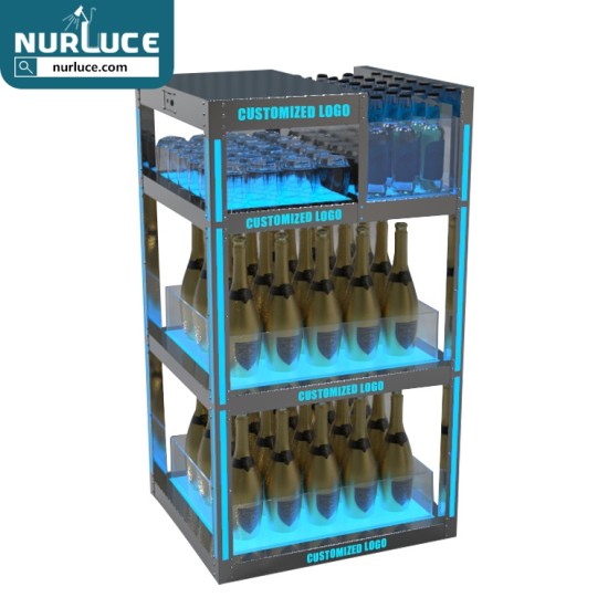 Customized Nightclub Bar LED Promotional Supplies LED Bottle Cabinet Modern LED Wine Cabinet Luminous Display Rack Metal Acrylic Glass Material KTV Party Showcase Store Display Champagne Whiskey
