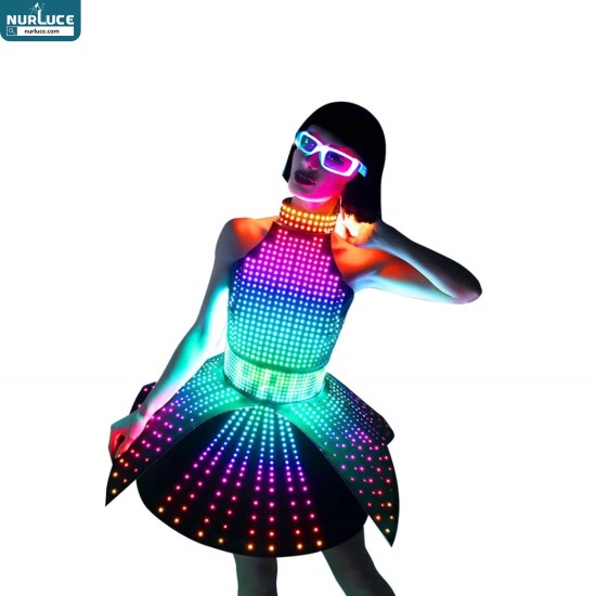 Customized Nightclub Bar LED Promotional Supplies LED Suits Sexy Chinese LED Light-Up Belly Dancing Outfit - Mirror Reflection Mini Rabbit Skirt with Illuminated Design for Performances