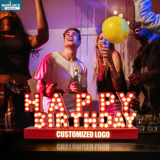 Customized Nightclub Bar LED Promotional Supplies Bar Table Lamps Custom LED Luminous Metal Sign - English Letter Light 'Happy Birthday' Desktop Display for Parties, Weddings & Nightclubs